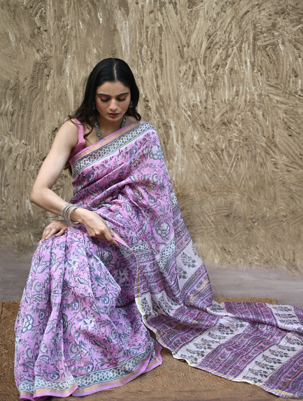 Sanganer Summers. Hand Block Printed Chanderi Saree - Mauve Petals
