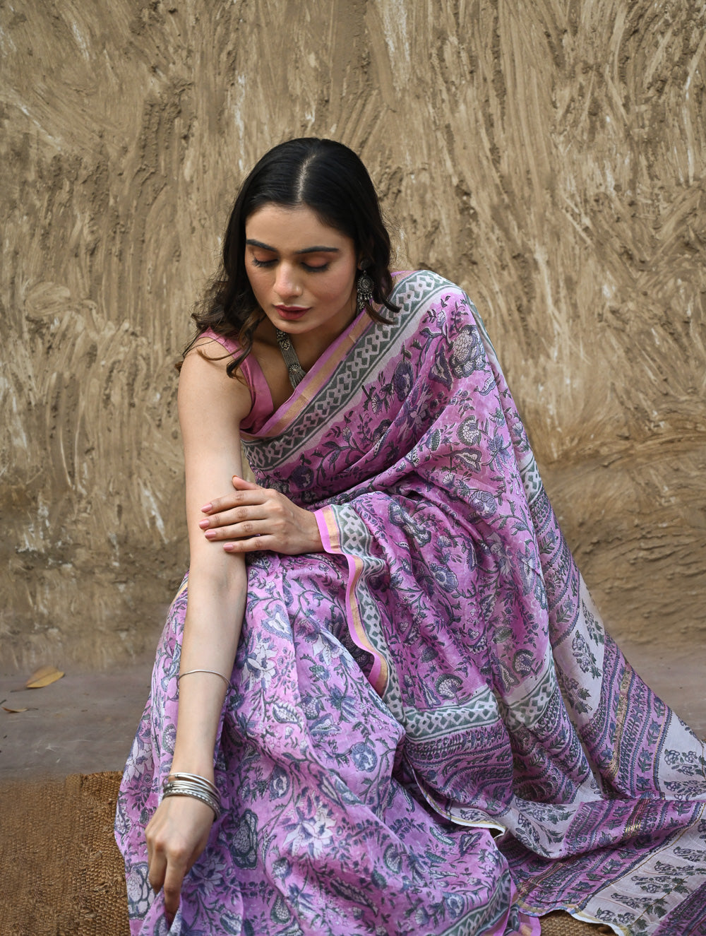 Sanganer Summers. Hand Block Printed Chanderi Saree - Mauve Petals