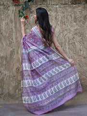 Sanganer Summers. Hand Block Printed Chanderi Saree - Mauve Petals