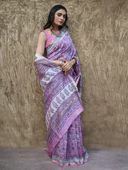 Sanganer Summers. Hand Block Printed Chanderi Saree - Mauve Petals