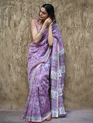 Sanganer Summers. Hand Block Printed Chanderi Saree - Mauve Petals