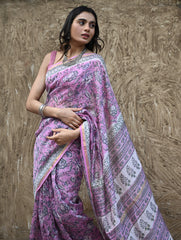 Sanganer Summers. Hand Block Printed Chanderi Saree - Mauve Petals
