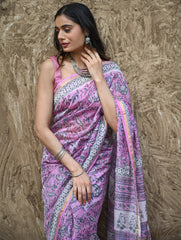 Sanganer Summers. Hand Block Printed Chanderi Saree - Mauve Petals