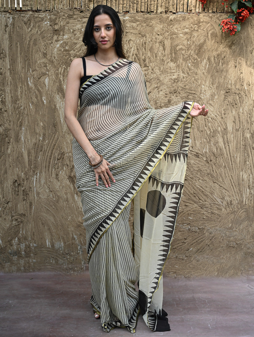 Bagru Statements : Hand Block Printed Chiffon Saree - Rekh Saaj