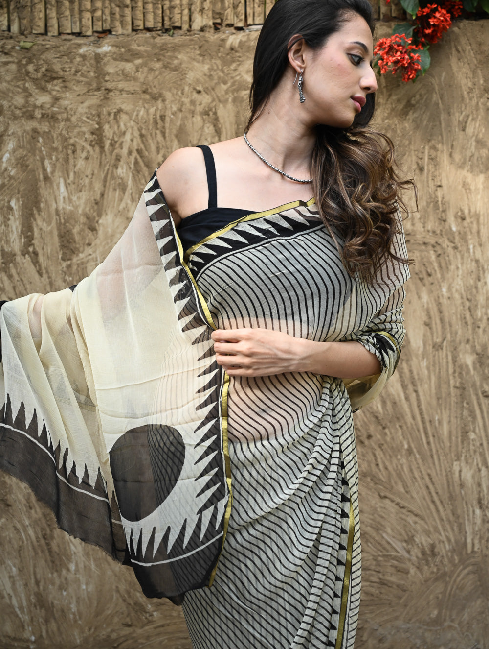 Bagru Statements : Hand Block Printed Chiffon Saree - Rekh Saaj