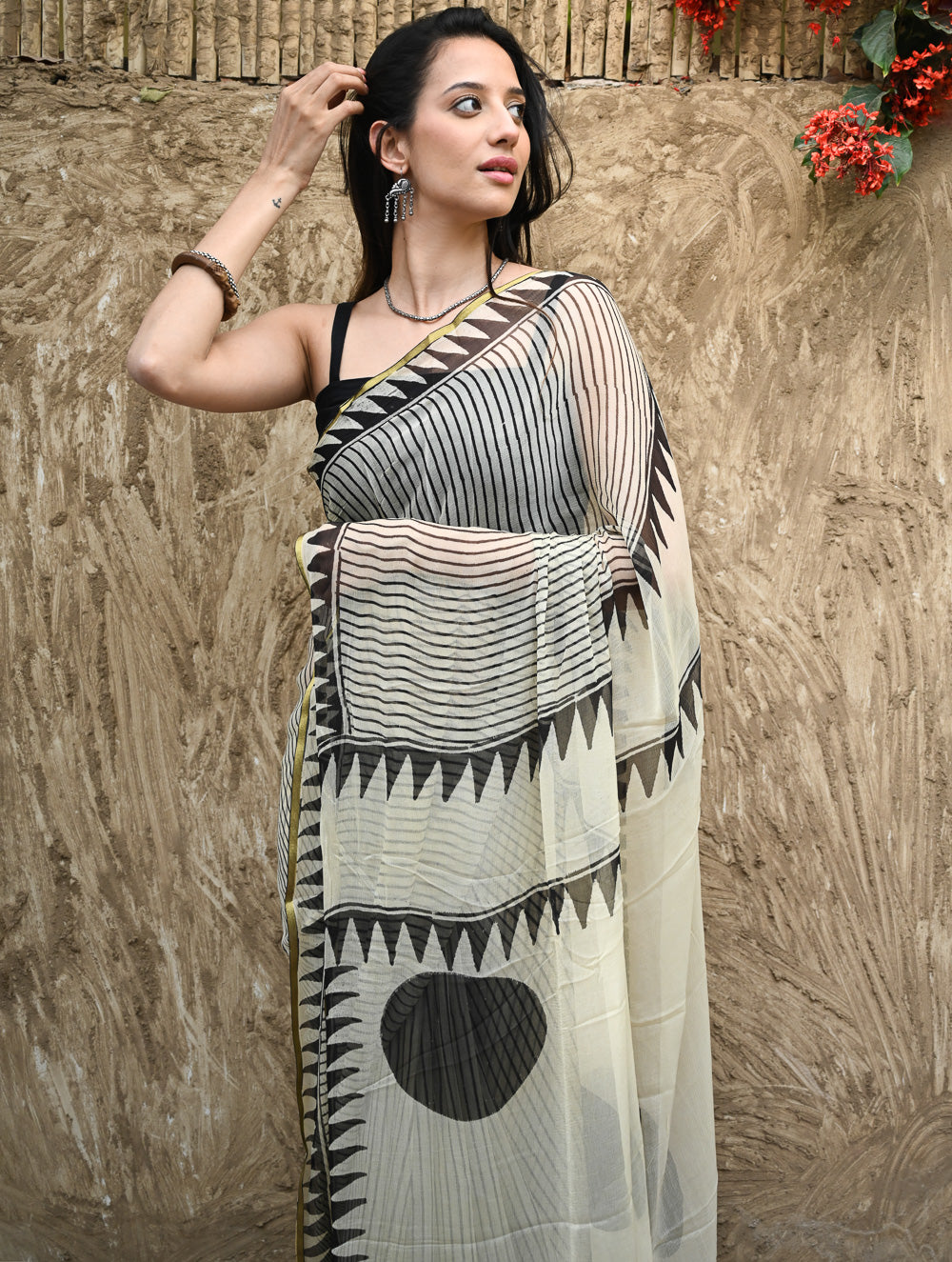Bagru Statements : Hand Block Printed Chiffon Saree - Rekh Saaj