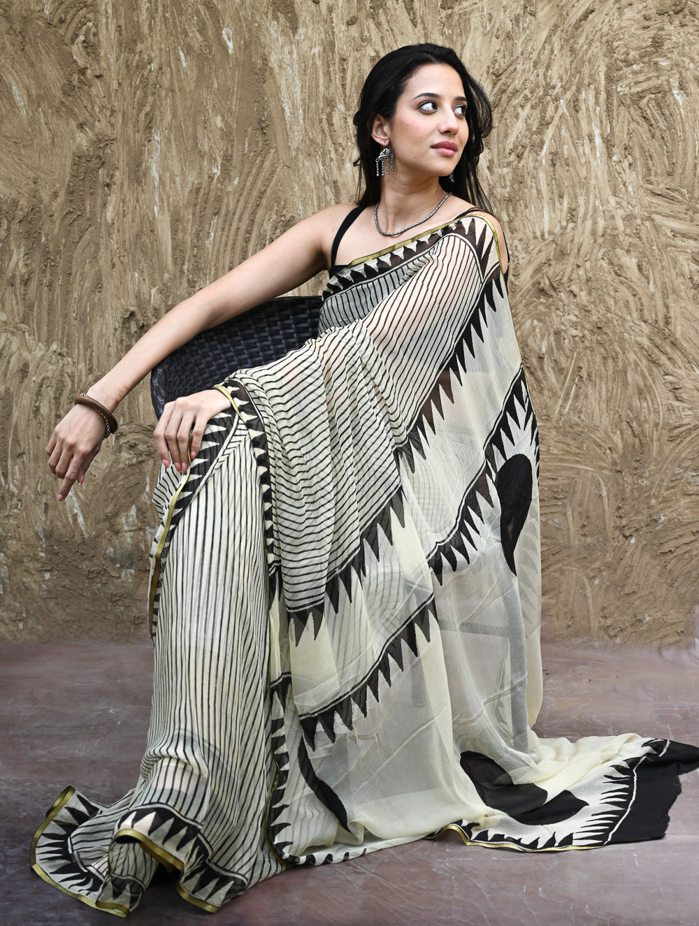 Bagru Statements : Hand Block Printed Chiffon Saree - Rekh Saaj