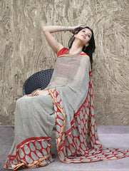 Bagru Statements : Hand Block Printed Chiffon Saree - Surk Rekha