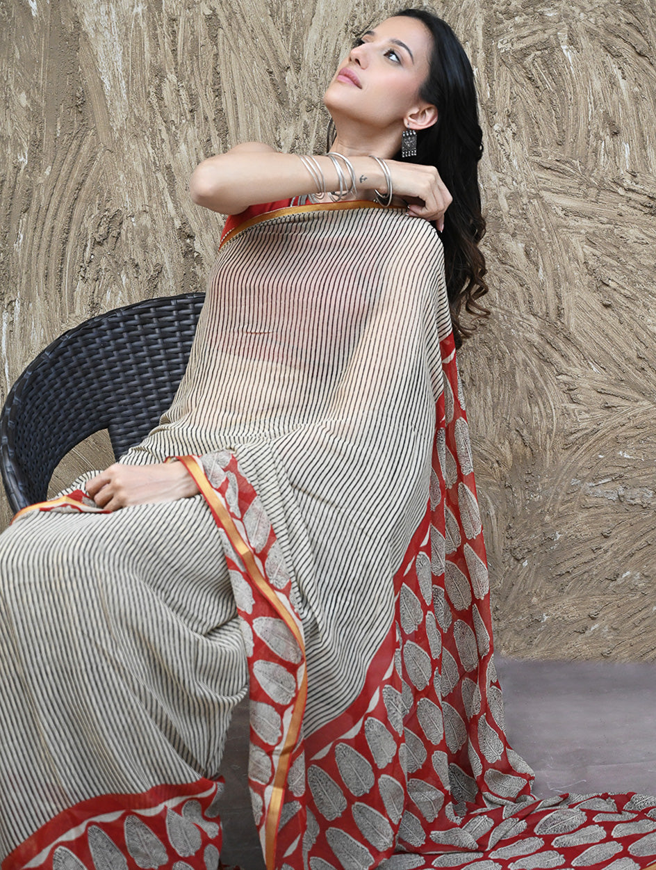 Bagru Statements : Hand Block Printed Chiffon Saree - Surk Rekha