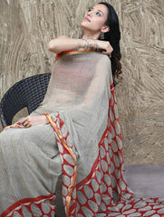 Bagru Statements : Hand Block Printed Chiffon Saree - Surk Rekha