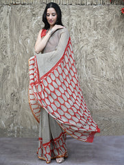 Bagru Statements : Hand Block Printed Chiffon Saree - Surk Rekha