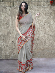 Bagru Statements : Hand Block Printed Chiffon Saree - Surk Rekha