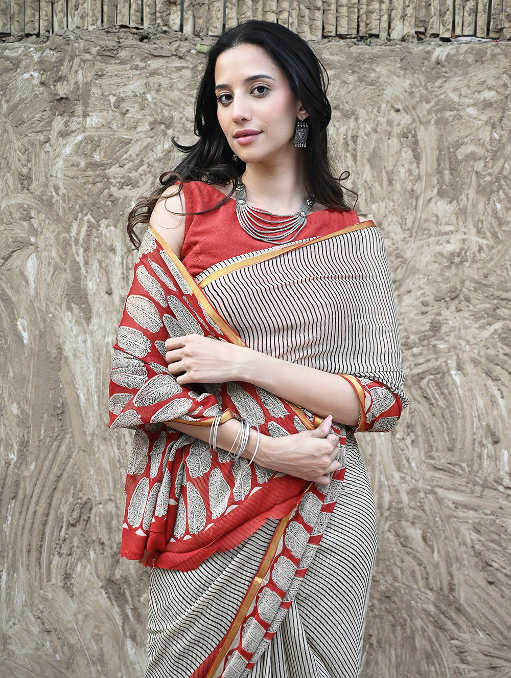 Bagru Statements : Hand Block Printed Chiffon Saree - Surk Rekha