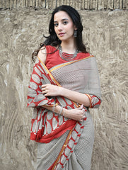 Bagru Statements : Hand Block Printed Chiffon Saree - Surk Rekha