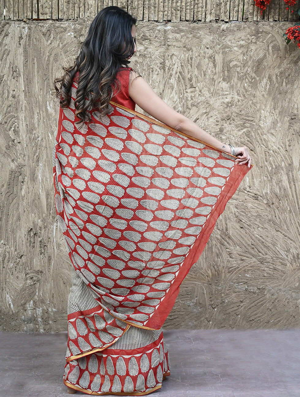 Bagru Statements : Hand Block Printed Chiffon Saree - Surk Rekha