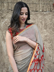 Bagru Statements : Hand Block Printed Chiffon Saree - Surk Rekha