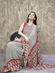 Bagru Statements : Hand Block Printed Chiffon Saree - Surk Rekha