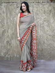 Bagru Statements : Hand Block Printed Chiffon Saree - Surk Rekha