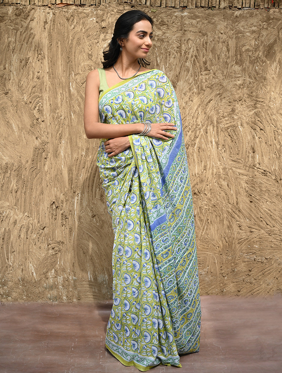 Sanganer Summers : Hand Block Printed Kota Doria Saree - Fresh Lime Garden