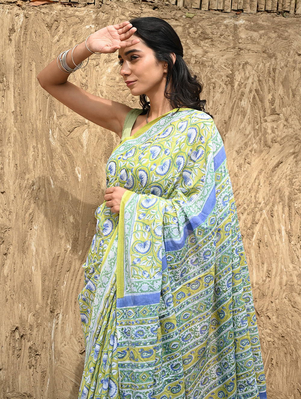 Sanganer Summers : Hand Block Printed Kota Doria Saree - Fresh Lime Garden