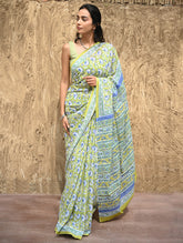 Sanganer Summers : Hand Block Printed Kota Doria Saree - Fresh Lime Garden