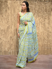 Sanganer Summers : Hand Block Printed Kota Doria Saree - Fresh Lime Garden