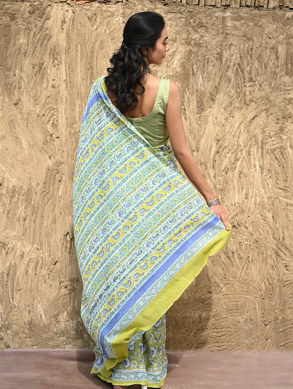 Sanganer Summers : Hand Block Printed Kota Doria Saree - Fresh Lime Garden