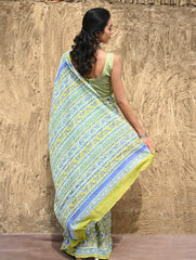 Sanganer Summers : Hand Block Printed Kota Doria Saree - Fresh Lime Garden