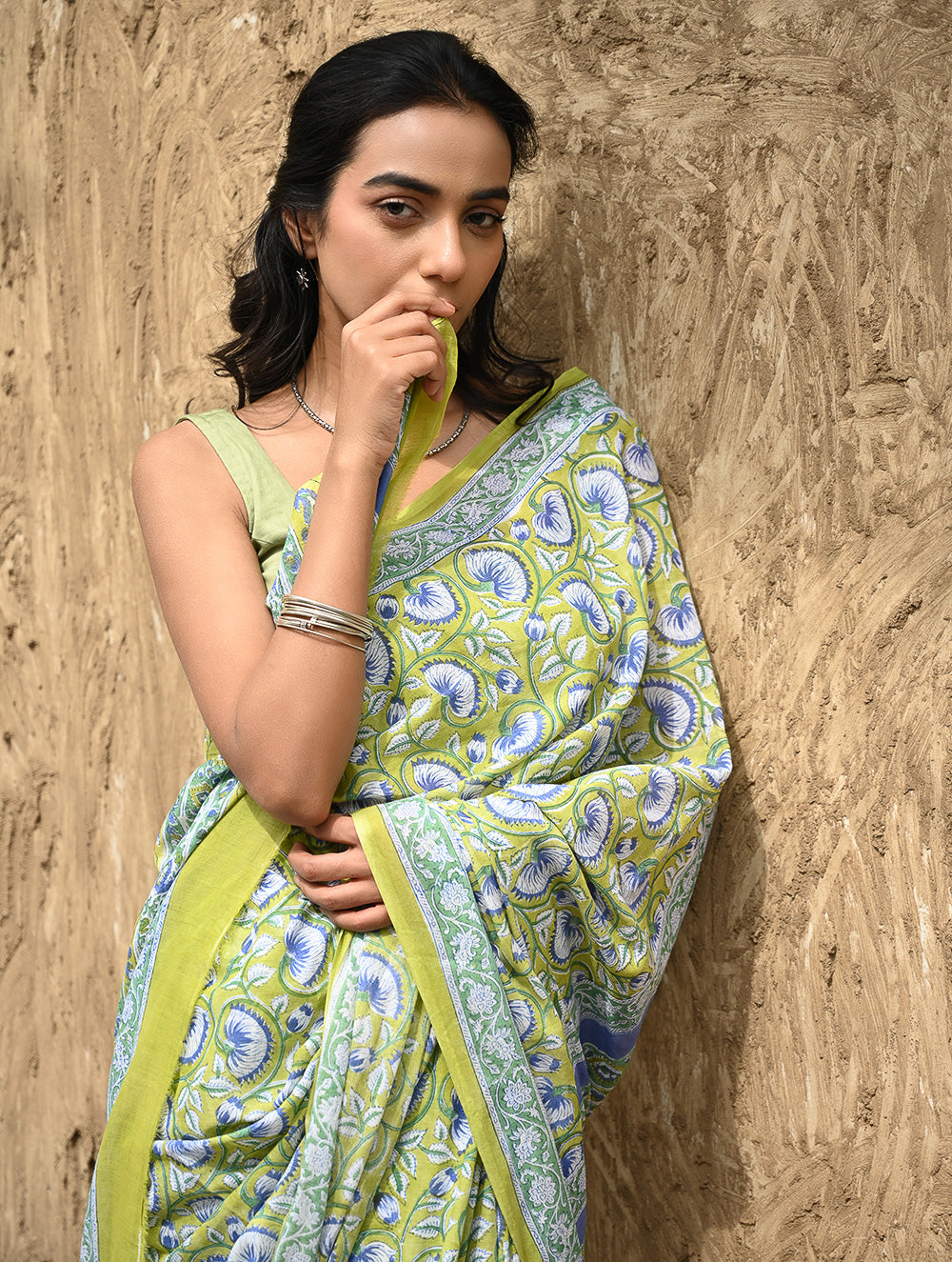 Sanganer Summers : Hand Block Printed Kota Doria Saree - Fresh Lime Garden