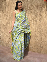 Sanganer Summers : Hand Block Printed Kota Doria Saree - Fresh Lime Garden
