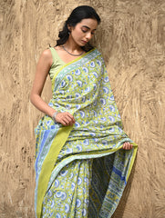 Sanganer Summers : Hand Block Printed Kota Doria Saree - Fresh Lime Garden