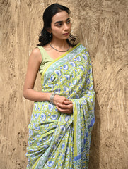 Sanganer Summers : Hand Block Printed Kota Doria Saree - Fresh Lime Garden