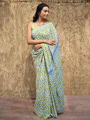 Sanganer Summers : Hand Block Printed Kota Doria Saree - Fresh Lime Garden