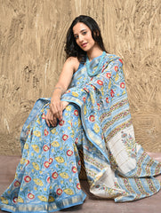 Sanganer Summers : Hand Block Printed Maheshwari Saree - Blue Bells
