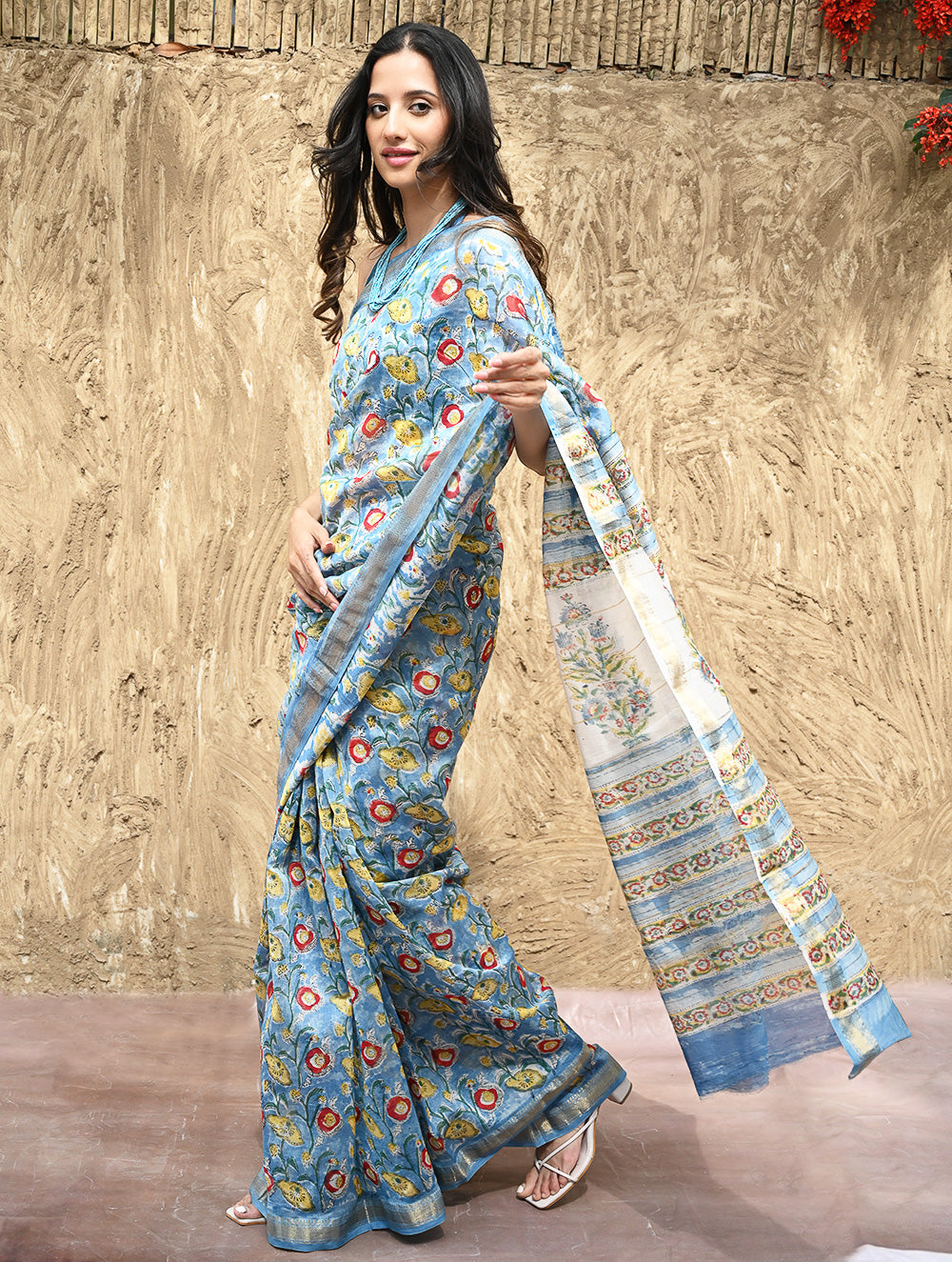 Sanganer Summers : Hand Block Printed Maheshwari Saree - Blue Bells