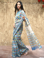 Sanganer Summers : Hand Block Printed Maheshwari Saree - Blue Bells
