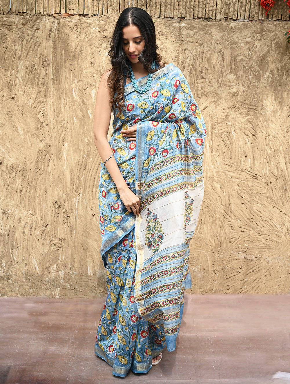 Sanganer Summers : Hand Block Printed Maheshwari Saree - Blue Bells