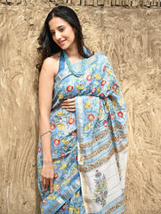 Sanganer Summers : Hand Block Printed Maheshwari Saree - Blue Bells