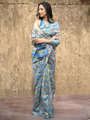 Sanganer Summers : Hand Block Printed Maheshwari Saree - Blue Bells