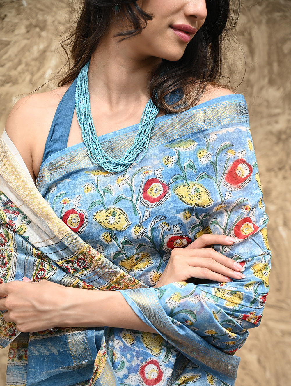 Sanganer Summers : Hand Block Printed Maheshwari Saree - Blue Bells