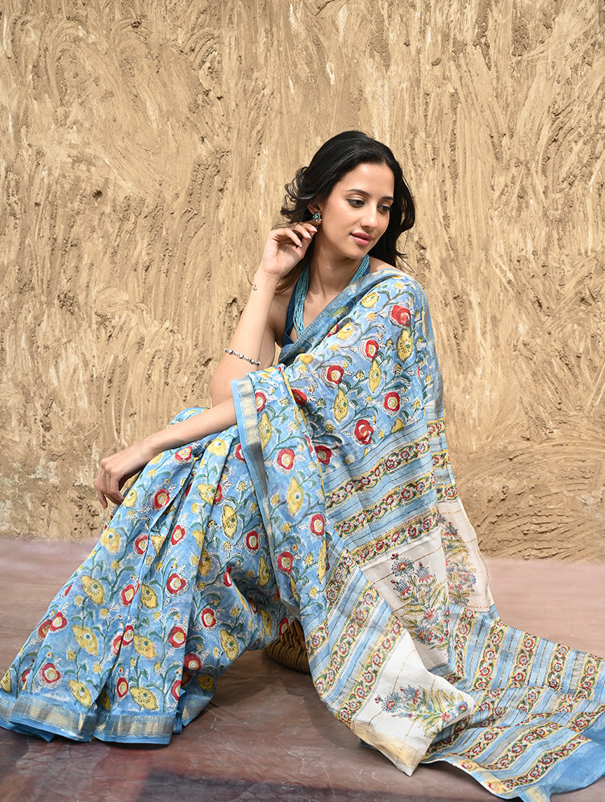 Sanganer Summers : Hand Block Printed Maheshwari Saree - Blue Bells