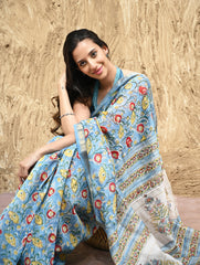 Sanganer Summers : Hand Block Printed Maheshwari Saree - Blue Bells