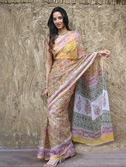 Sanganer Summers : Hand Block Printed Kota Doria Saree - Basant Angan