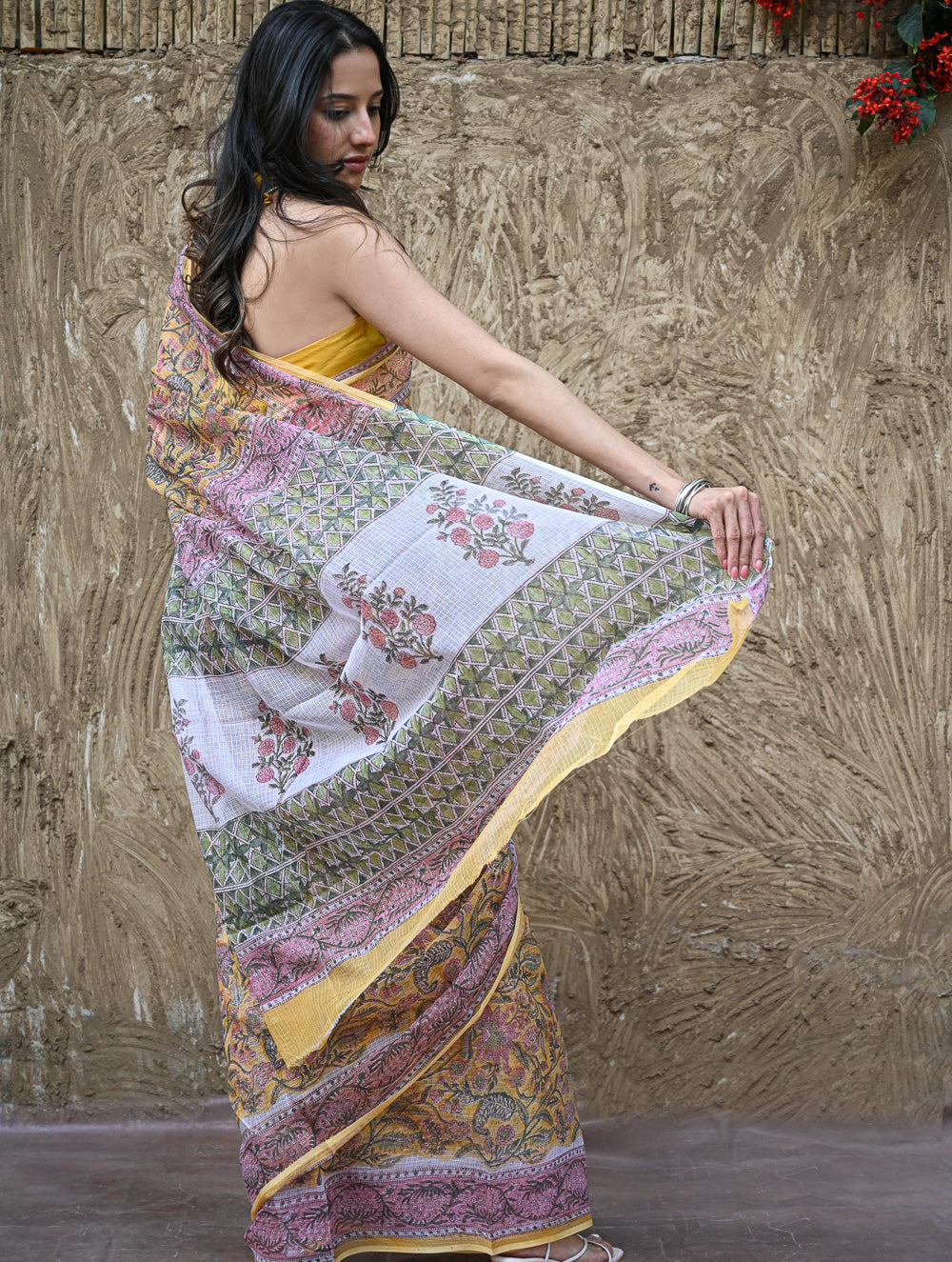Sanganer Summers : Hand Block Printed Kota Doria Saree - Basant Angan