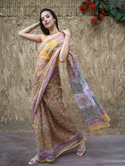 Sanganer Summers : Hand Block Printed Kota Doria Saree - Basant Angan