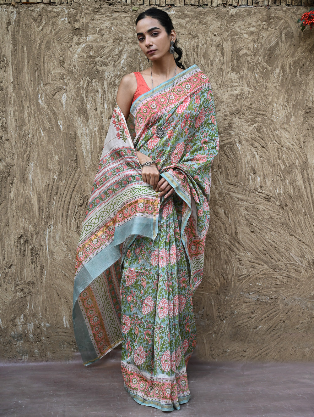 Sanganer Summers : Hand Block Printed Chanderi Saree - Cottage Garden