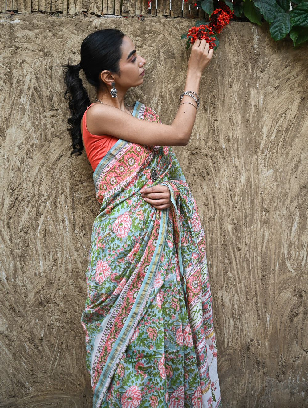 Sanganer Summers : Hand Block Printed Chanderi Saree - Cottage Garden