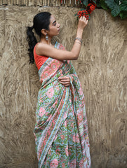 Sanganer Summers : Hand Block Printed Chanderi Saree - Cottage Garden