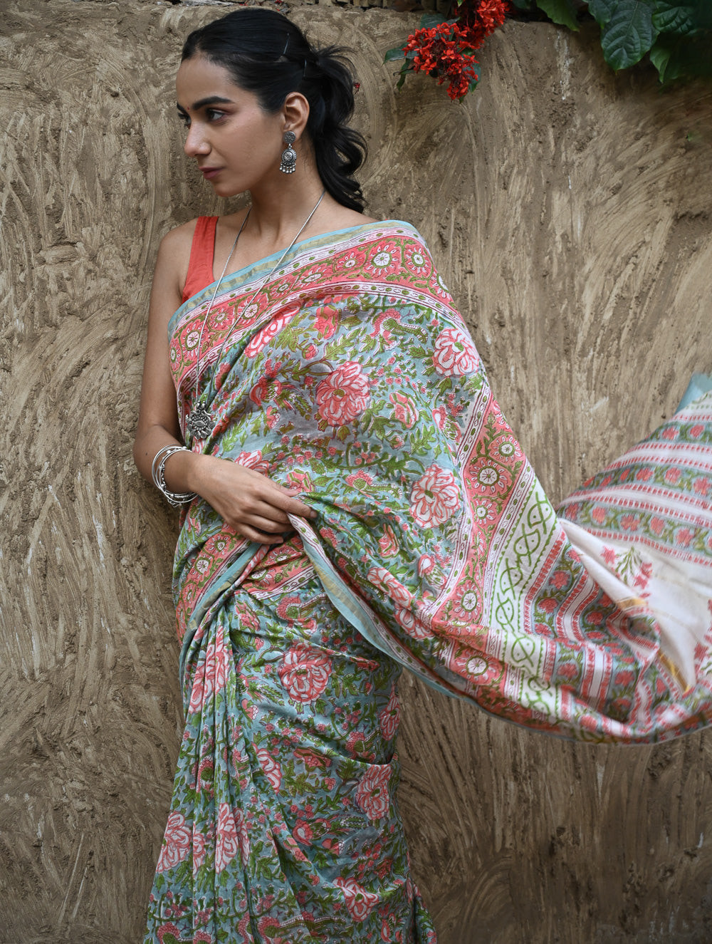 Sanganer Summers : Hand Block Printed Chanderi Saree - Cottage Garden