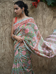 Sanganer Summers : Hand Block Printed Chanderi Saree - Cottage Garden